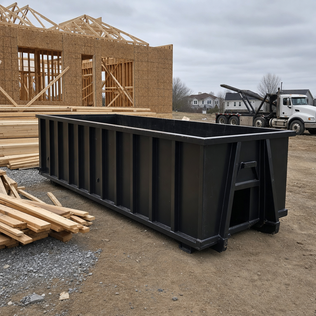 Matte-black 40-yard roll-off dumpster staged on a framed-out residential construction site in Saint Joseph, framing lumber stacked nearby, hooklift delivery truck visible in the background under bright Colorado daylight