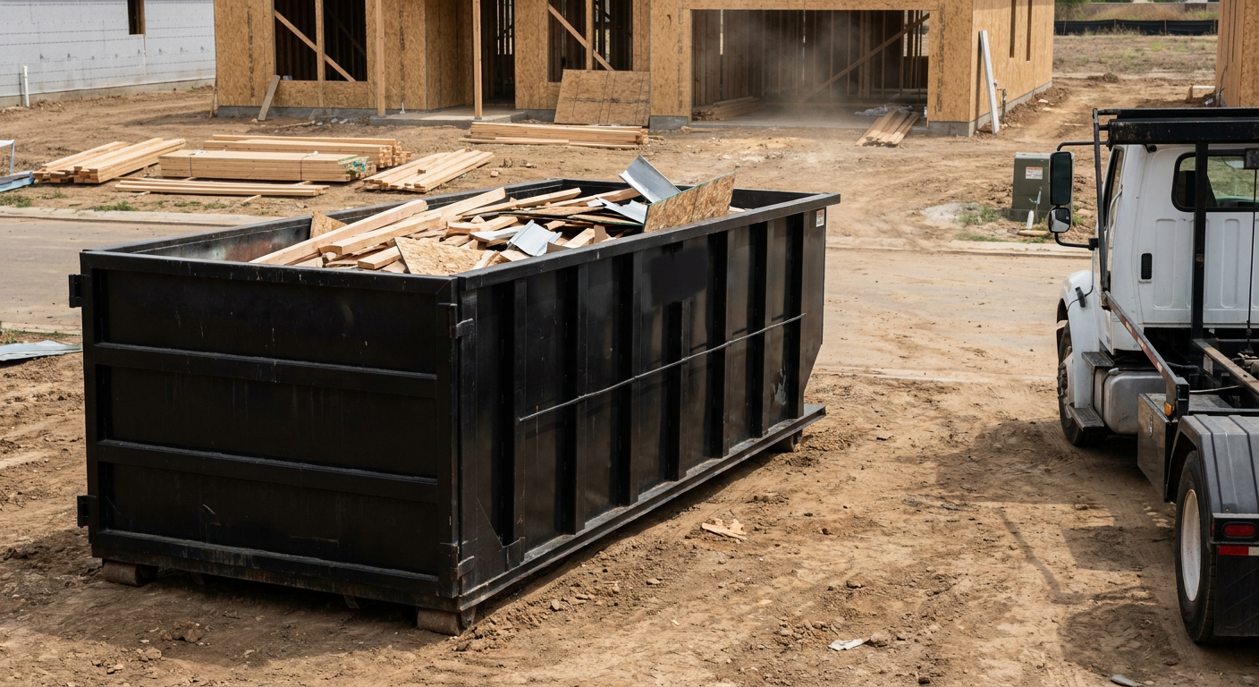 Matte-black 20-yard roll-off construction dumpster with heavy ribbed steel sidewalls and swing rear doors at a working jobsite in Saint Joseph, sitting directly on compacted dirt with an unmarked white hauler partially visible at the far edge of the frame.