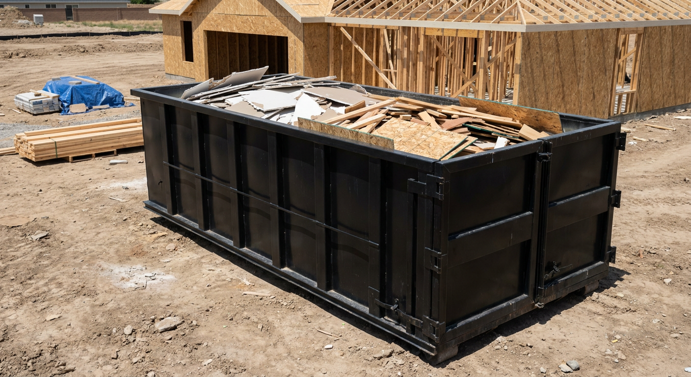 Matte-black 30-yard roll-off construction dumpster sitting directly on the compacted-dirt site of a framed single-family home build in Saint Joseph, drywall and lumber scrap loaded inside.
