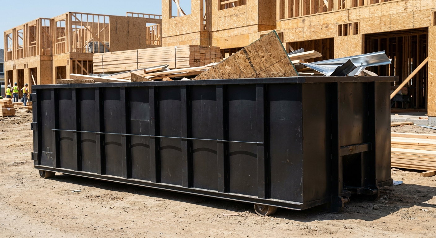 Matte-black 40-yard roll-off construction dumpster being lowered from a white-cab hooklift delivery truck onto the compacted-dirt jobsite at a commercial build site in Saint Joseph