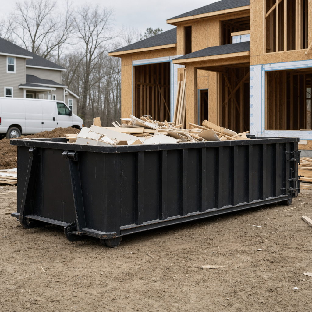 Worker in a yellow high-visibility vest tossing framing lumber and broken drywall into a matte-black 30-yard construction roll-off dumpster on an active build site in Saint Joseph, bright daylight