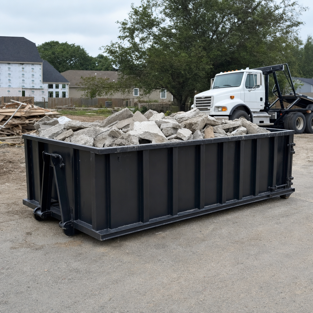 Low-profile matte-black lowboy roll-off dumpster loaded with broken concrete slab and rebar at a foundation tear-out in Saint Joseph, skid steer parked beside it, sunny Colorado morning