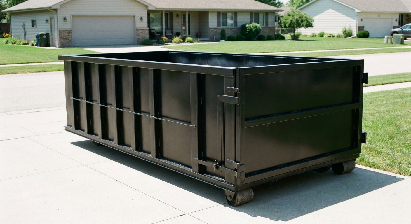 Matte-black 10-yard roll-off dumpster on a residential concrete driveway in Saint Joseph, uniformly painted matte black across every panel and rail, ribbed steel sidewalls and rear swing door visible, mid-day daylight.