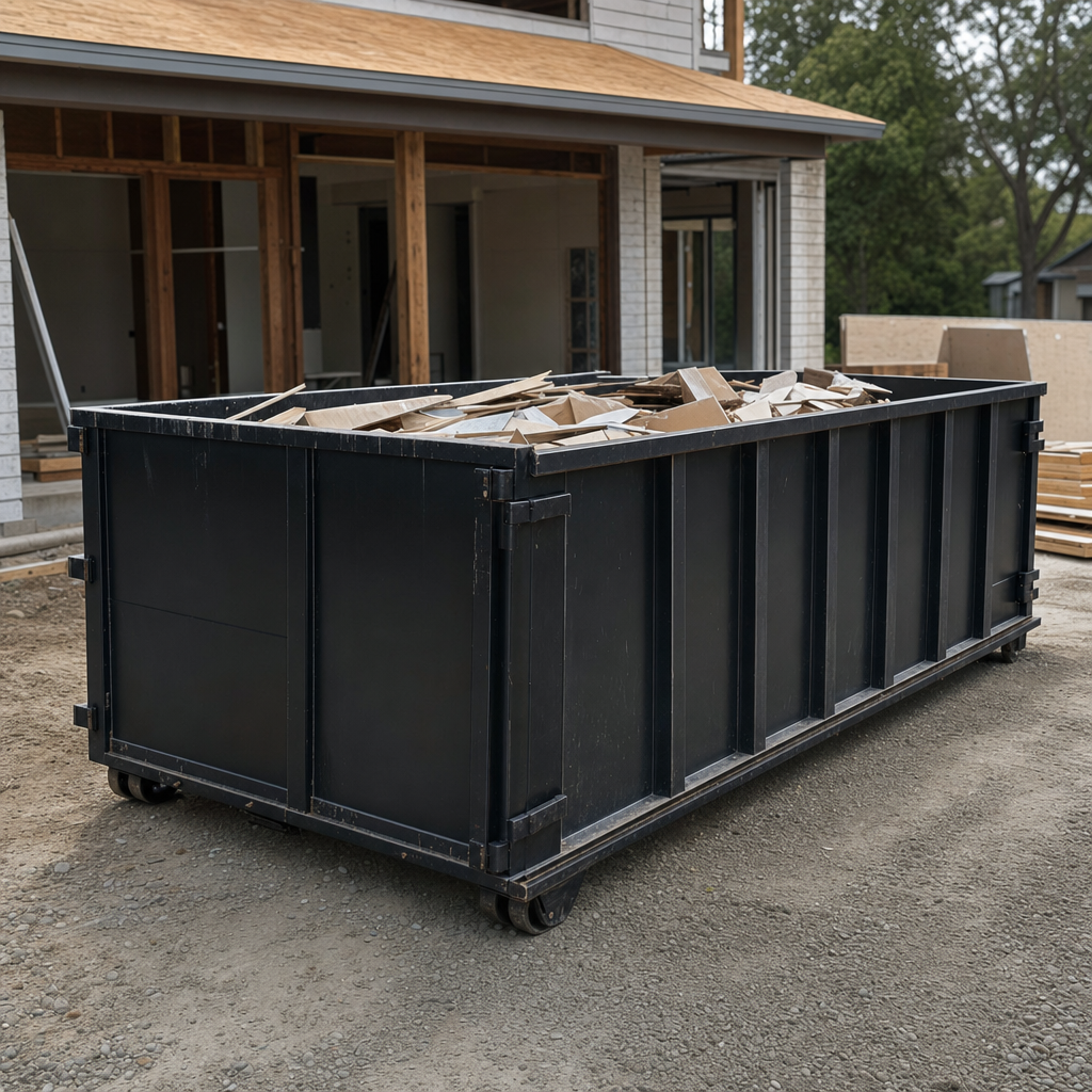 Large matte-black 30-yard construction roll-off dumpster at an active Saint Joseph jobsite, steel-gray top rails and bottom rollers visible, loaded with construction debris.
