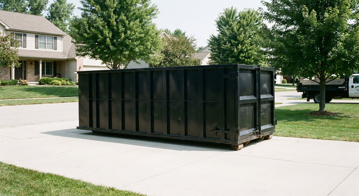 Matte-black 20-yard roll-off dumpster sitting level on a clean Saint Joseph residential concrete driveway under bright daylight, demonstrating clean placement directly on the concrete.