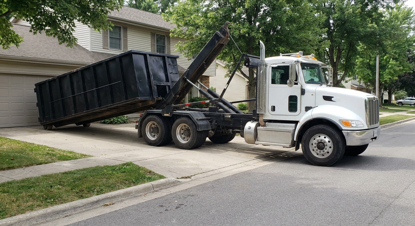 White-cab hooklift roll-off truck actively lowering a matte-black dumpster onto a Saint Joseph residential concrete driveway, the dumpster's rear wheels touching the driveway as the hoist arm tilts the bed forward, mid-morning daylight.