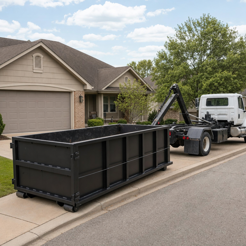 Wide documentary shot of a matte-black roll-off dumpster on a Saint Joseph residential driveway in the foreground and a contractor jobsite container in the soft-focus background, bright daylight, calm and orderly composition.