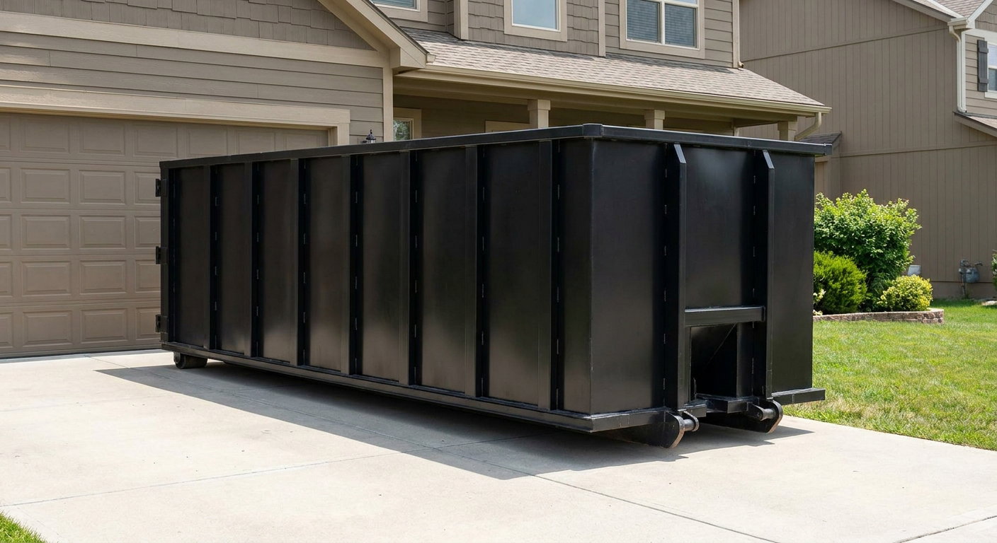 Matte-black residential roll-off dumpster sitting directly on a suburban Saint Joseph concrete driveway, garage door closed, single-family home in background, bright morning daylight.