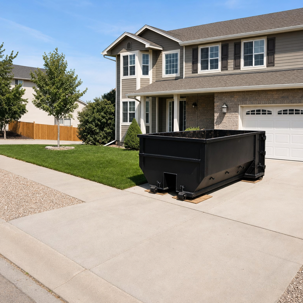 10-yard matte-black residential dumpster placed directly on a narrow Saint Joseph concrete driveway, room remains for a parked sedan beside it, mid-morning natural light