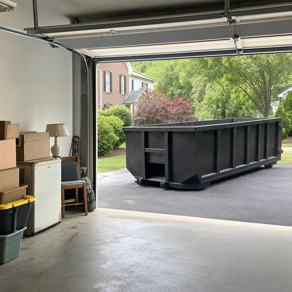 Open garage interior in a Saint Joseph home mid-cleanout — boxed items, an old appliance, and stacked yard tools queued near the driveway for a matte-black roll-off dumpster, organized and calm