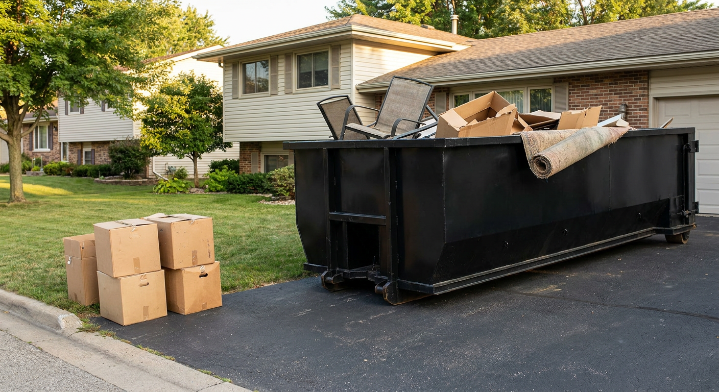 Front-yard view of a Saint Joseph split-level home with a 20-yard matte-black roll-off dumpster sitting directly on the asphalt driveway, a few clearly labeled donation boxes staged at the curb, calm sunny afternoon.
