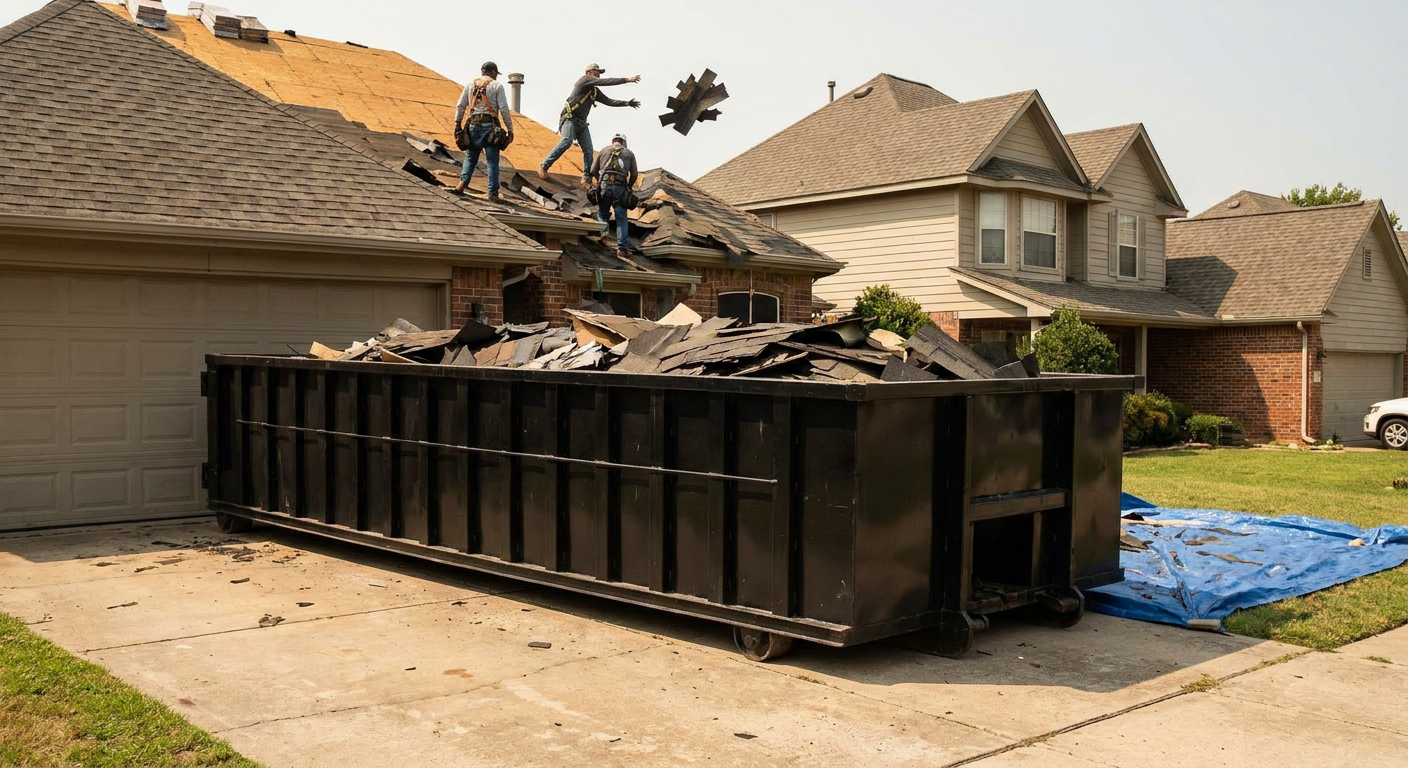 Matte-black roofing roll-off dumpster placed directly on a Saint Joseph residential concrete driveway, a tear-off crew on a two-story asphalt-shingle roof tossing shingle bundles into the low-walled container, bright daylight, documentary 35mm perspective.