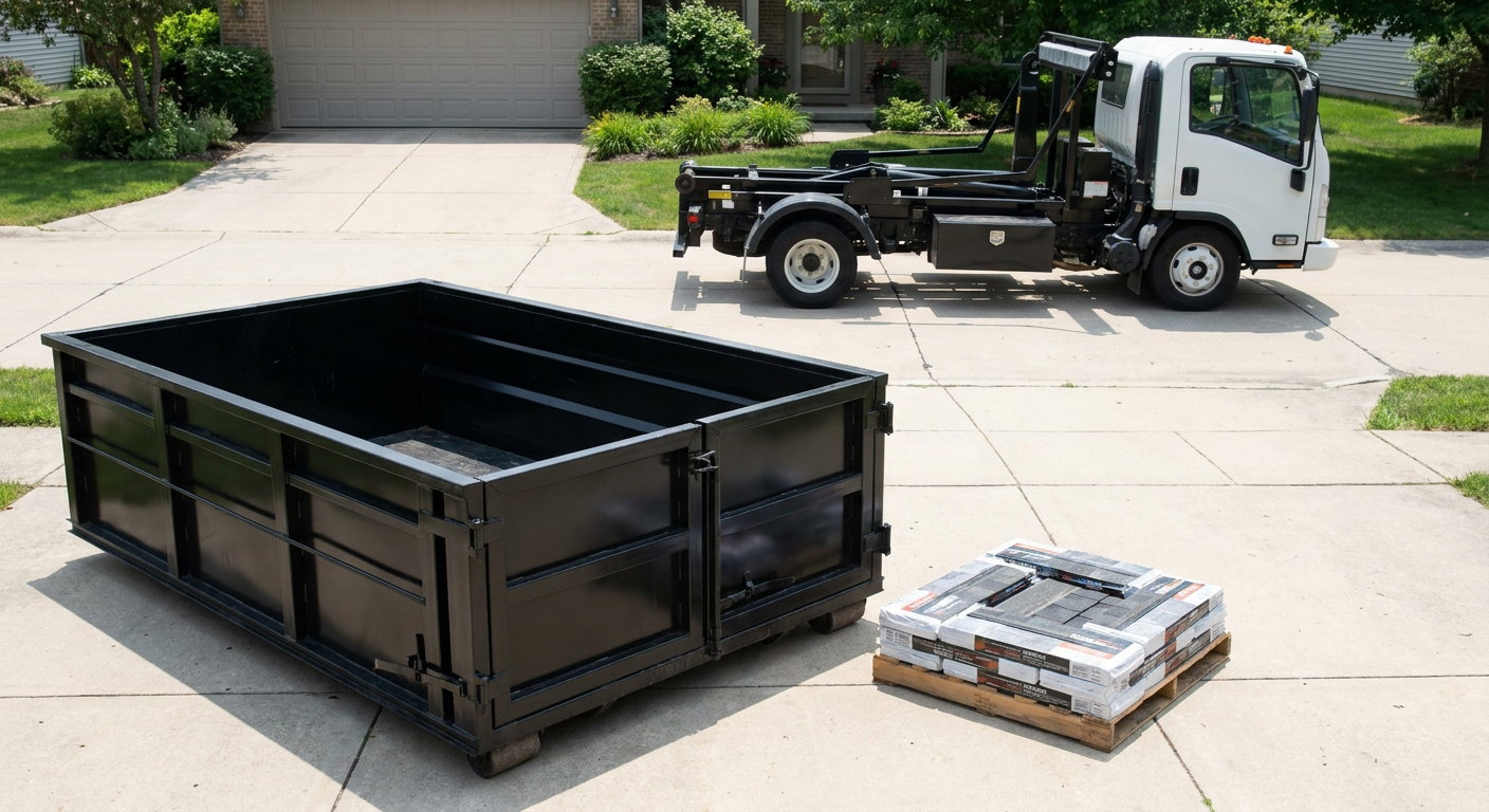 Matte-black 15-yard roofing roll-off dumpster with reinforced low side walls sitting directly on a Saint Joseph residential concrete driveway, three-tab asphalt shingle bundles stacked nearby, an unmarked white hauler truck partially visible at the edge of the frame.