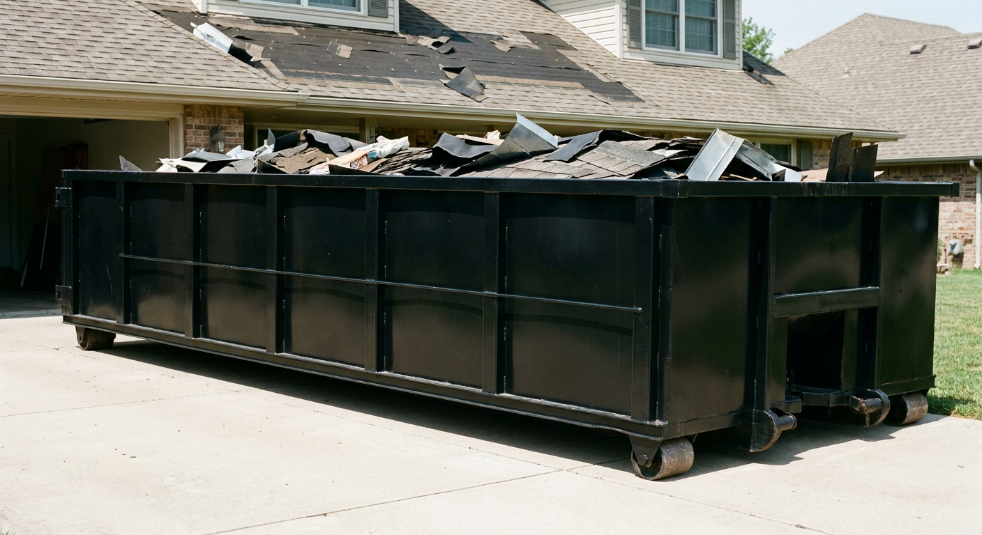 Matte-black 20-yard roofing roll-off dumpster with steel ribbed sides and swinging rear door, sitting directly on the concrete driveway of a two-story Saint Joseph home, asphalt shingle debris being loaded over the low wall, clean documentary lighting.