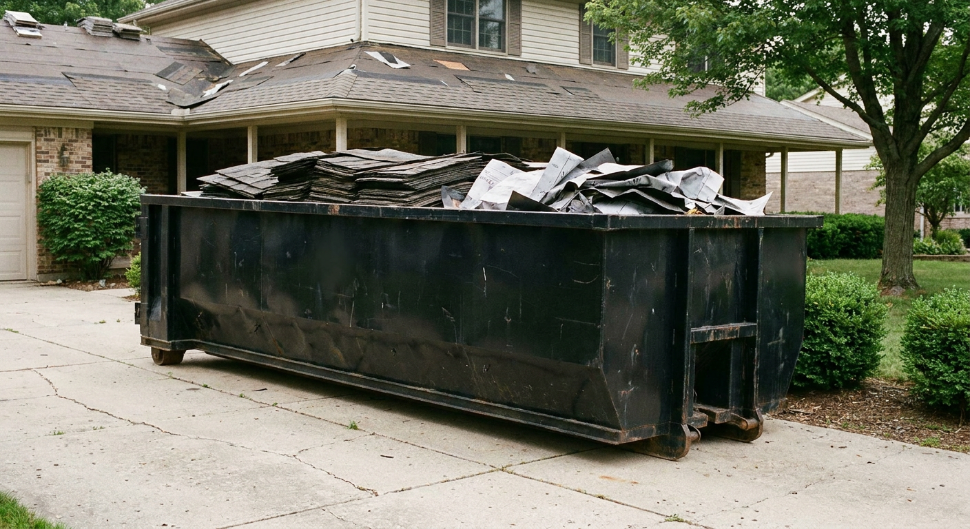 Matte-black 30-yard roofing roll-off dumpster sitting directly on a Saint Joseph concrete driveway, taller ribbed steel side panels, mixed tear-off debris of asphalt shingles and underlayment inside, professional documentary daylight.