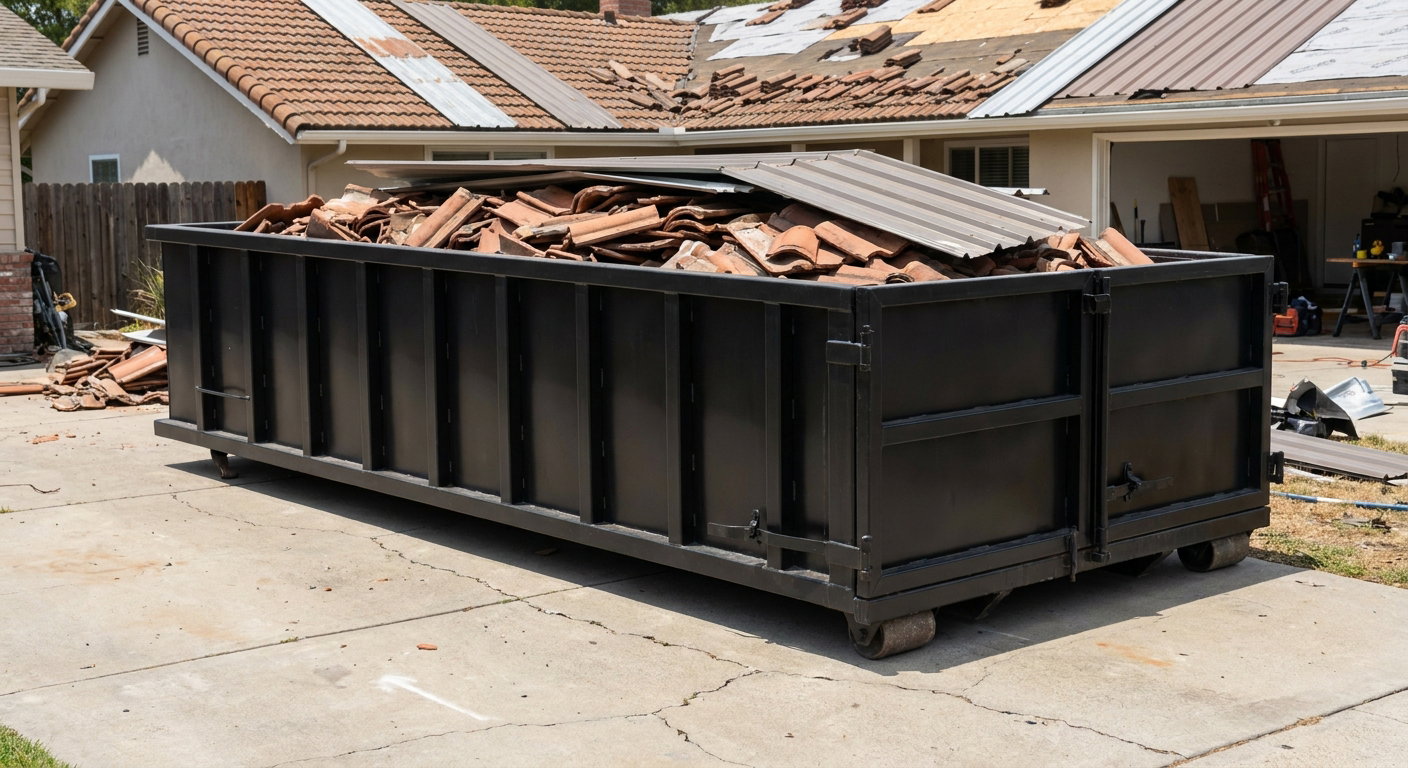 Matte-black low-wall heavy-debris roofing roll-off dumpster sitting directly on a Saint Joseph concrete driveway, broken concrete clay roof tiles and metal panel sections loaded inside, reinforced ribbed steel side walls visible, bright outdoor daylight.