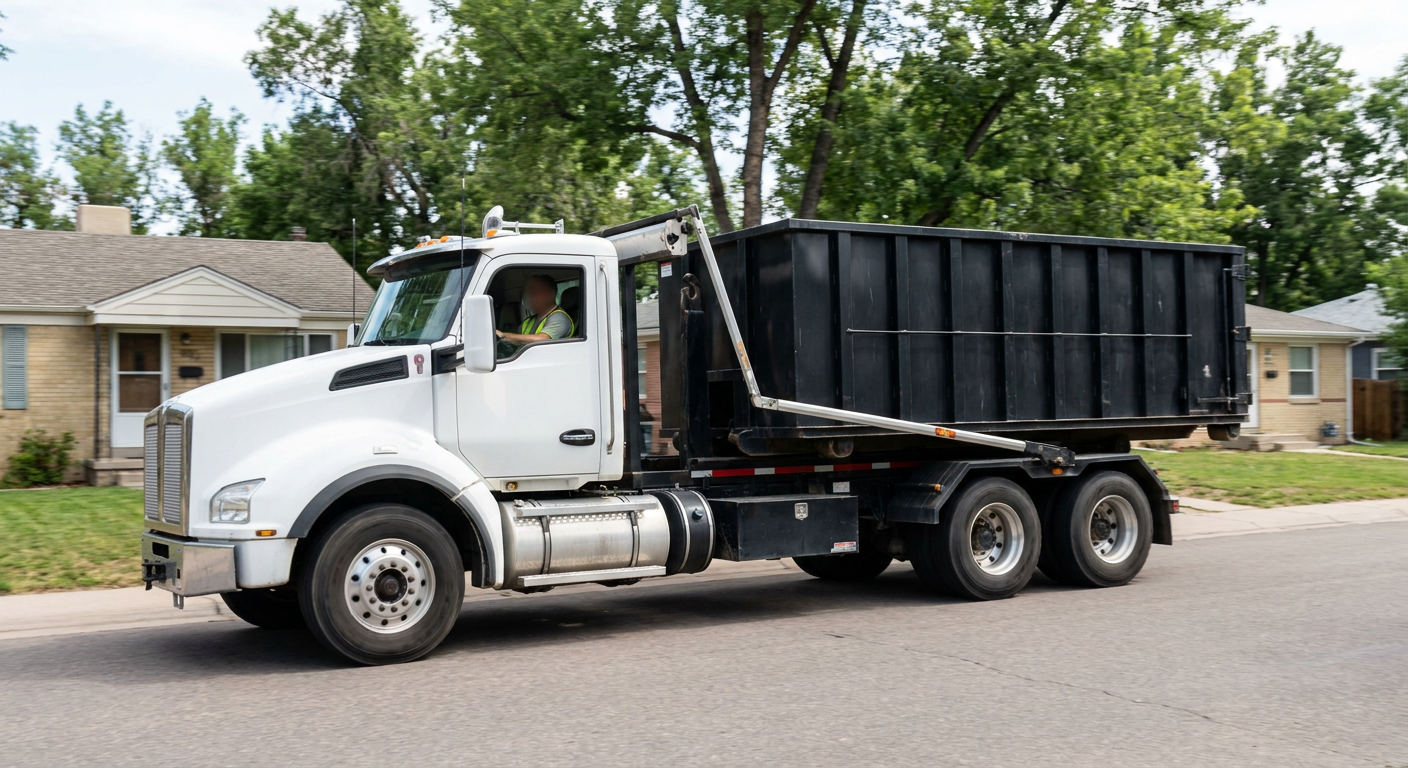 A wide documentary shot of a matte-black roll-off delivery truck pulling onto a quiet Saint Joseph residential street at mid-morning, with neighborhood rooftops and tree-lined blocks visible behind, showing the metro coverage footprint.