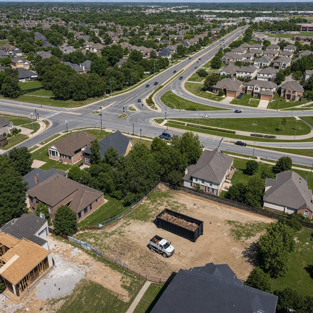 An overhead documentary view of the Saint Joseph metro area at midday, showing the spread of neighborhoods, arterial roads, and the dispatch radius from a central yard — clean daylight, organized geographic layout.