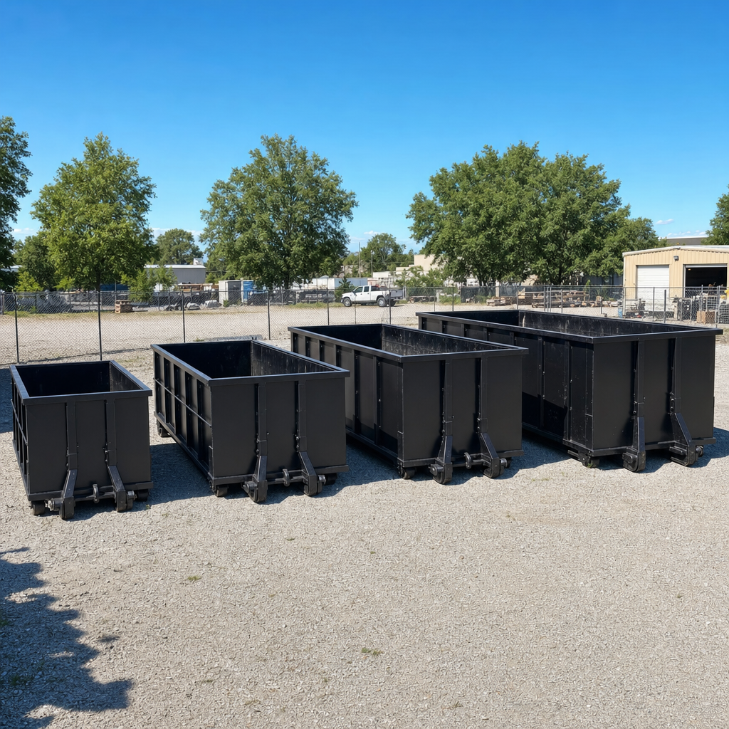 A clean lineup of matte-black roll-off dumpsters in 10, 20, 30, and 40-yard sizes staged on a sunlit gravel yard in Saint Joseph, showing the size progression from compact to commercial-scale containers.