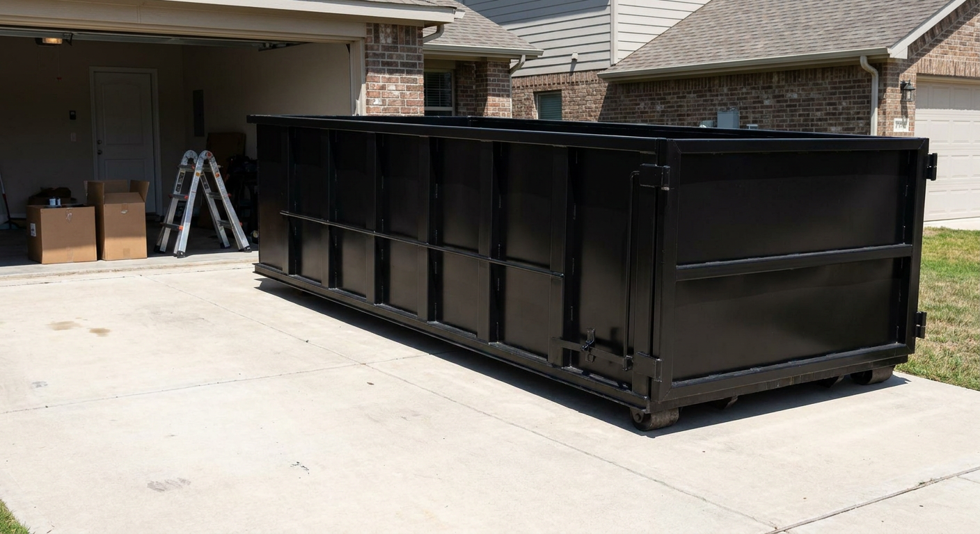 A matte-black 10-yard roll-off dumpster sitting directly on a residential Saint Joseph concrete driveway, mid-day sunlight, clean and ready for a garage cleanout.