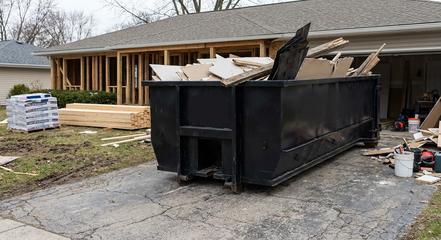 A matte-black 20-yard roll-off dumpster placed alongside a mid-renovation Saint Joseph home directly on the asphalt driveway, with framing materials and torn-off shingles staged neatly nearby.