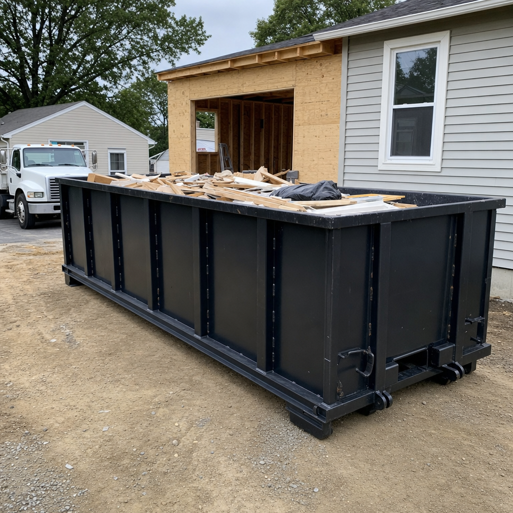 A matte-black 30-yard roll-off dumpster positioned at a Saint Joseph residential addition jobsite, with framing lumber and drywall scraps loaded through the open swinging rear doors.