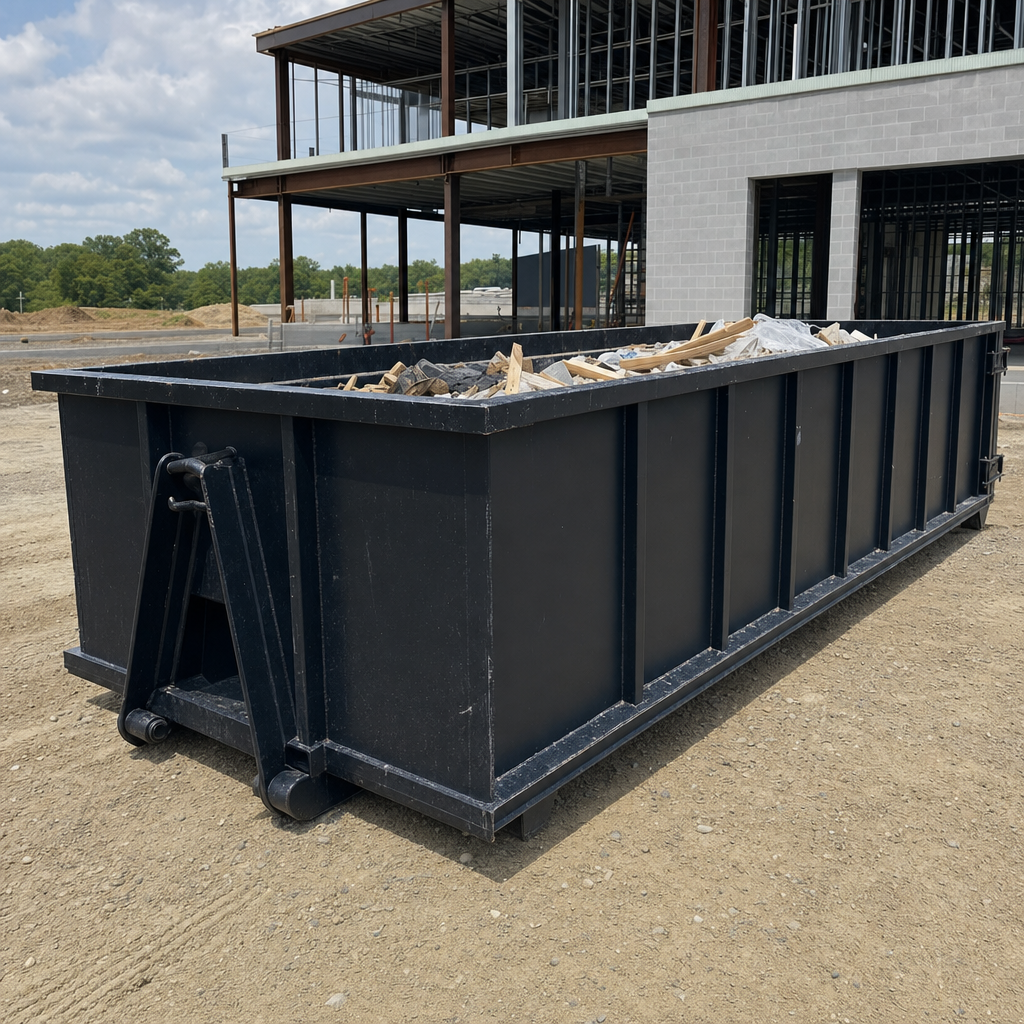 A matte-black 40-yard roll-off dumpster staged on a large Saint Joseph commercial construction lot, with a hooklift delivery truck parked alongside under bright midday sky.
