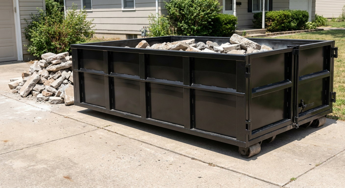 A matte-black low-side heavy-debris roll-off dumpster placed directly on a Saint Joseph concrete driveway, with broken concrete chunks neatly stacked beside it under clean daylight.